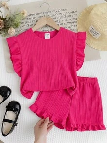 SHEIN 2pcs/Set Young Girl Pink Textured Round Neck T-Shirt And Shorts - Hot Pink - View 3