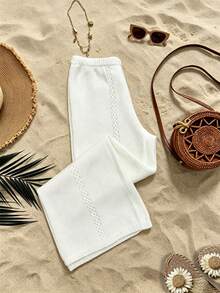 Swim Lushoire Women's Coverup Vacation Mature Style Sexy White Knit Belted Wide Leg Pants Beach Summer - White - View 6