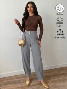 Xyvia Pantalones rectos de cintura alta con pliegues, de estilo elegante y casual, a rayas blancas y negras con doble hebilla, para mujer, primavera/verano - Blanco y Negro - Ver 6