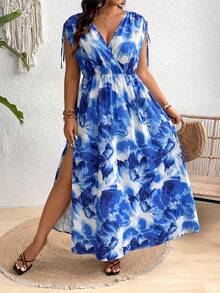 SHEIN Clasi 大码女式碎花V领开衩连衣裙长款女装 - 藍色 - 查看 3