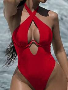 Swim SXY Áo tắm liền thân một mảnh gợi cảm màu trơn dành cho nữ, kiểu dây buộc chéo khoét cổ, có gọng nâng ngực. - Đỏ - Xem 4