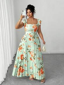Elenzga Plus Size Women's Vintage French Style Versatile Vacation Date Ruched Waist Slimming Floral Print Ruffle Sleeve Square Neck Maxi Dress - Mint Green - View 3