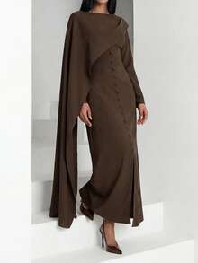 Solavon Vestido Elegante de Manga Longa com Design Camadas e Abotoamento Simples para Mulheres - Café - Visão 4
