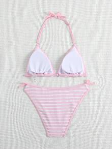 SHEIN 少女粉色条纹极简时尚吊带比基尼套装，休闲海滩度假装，夏季新品 - 粉色 - 查看 2