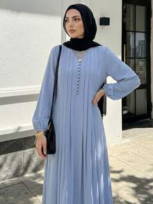Solavon Vestido elegante y conservador de mujer con cuello en V, mangas farol y pliegues - Azul - Ver 5