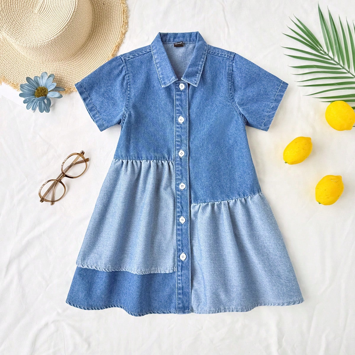Vestido de mezclilla casual, de un solo pecho y plisado para niña, para uso diario y vacaciones