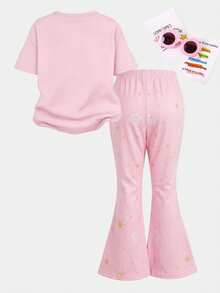 1 set pentru fete, prințesă drăguță cu desene animate, culori strălucitoare și imprimeu cu fulgi de zăpadă cu sclipici, tricou și pantaloni evazați cu mânecă scurtă, casual, confortabil, moale, cu guler rotund, potrivit pentru fete, zi de zi de primăvară/vară, sărbători, festivaluri, atmosferă de primăvară, atmosferă de vară, set de primăvară/vară, relaxat și confortabil, set la modă pentru fete, ținută casual, set de tricou pentru copii cu model dulce de prințesă cu desene animate, set de primăvară/vară, nou-venit, relaxat și plăcut, atmosferă de primăvară, vară proaspătă - Multicolor - Vizualizare 2