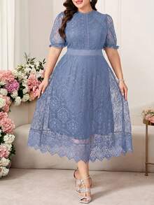 Reflora Plus Size Women's White Lace Midi Dress, Elegant Short Sleeve Summer Dress - Dusty Blue - View 4