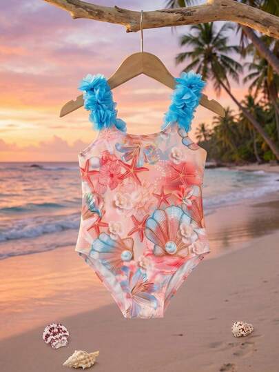 SHEIN 1 bộ áo tắm liền thân cho bé gái, đồ bơi polyester in hình vỏ sò dễ thương, đồ bơi thường ngày nhiều màu sắc thời trang cho mùa hè.