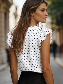 EMERY ROSE Women's Spring/Summer New Arrival Polka Dot Print Pattern Round Neck Ruffle Sleeve Casual Versatile T-Shirt - Multicolor - View 2