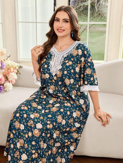 Al Najma Đầm dáng rộng kiểu Ả Rập dành cho nữ cỡ lớn, cổ áo và tay áo viền hoa, thích hợp mặc hàng ngày vào mùa hè.