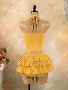 Lyxana Setelan Liburan Seksi Elegan, Atasan Model Halter Neck dengan Tali dan Rok 2 Potong - Kuning - View 2