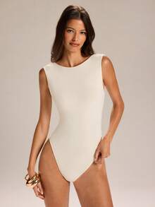 SHEIN BAE Women's Casual Vacation Yellow Mesh Solid Fabric Backless Bodysuit, Suitable For Beach Daily Wear, Commuting, Stretchy - Apricot - View 2
