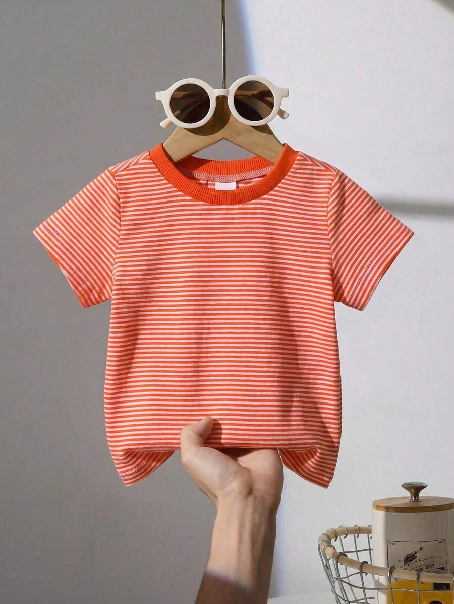 SHEIN Playful Pals 1歲女嬰/幼兒紅白色條紋短袖T恤上衣,柔軟針織夏季休閒畢業款羅紋領寬鬆舒適T恤 - 橘色 - 查看 1