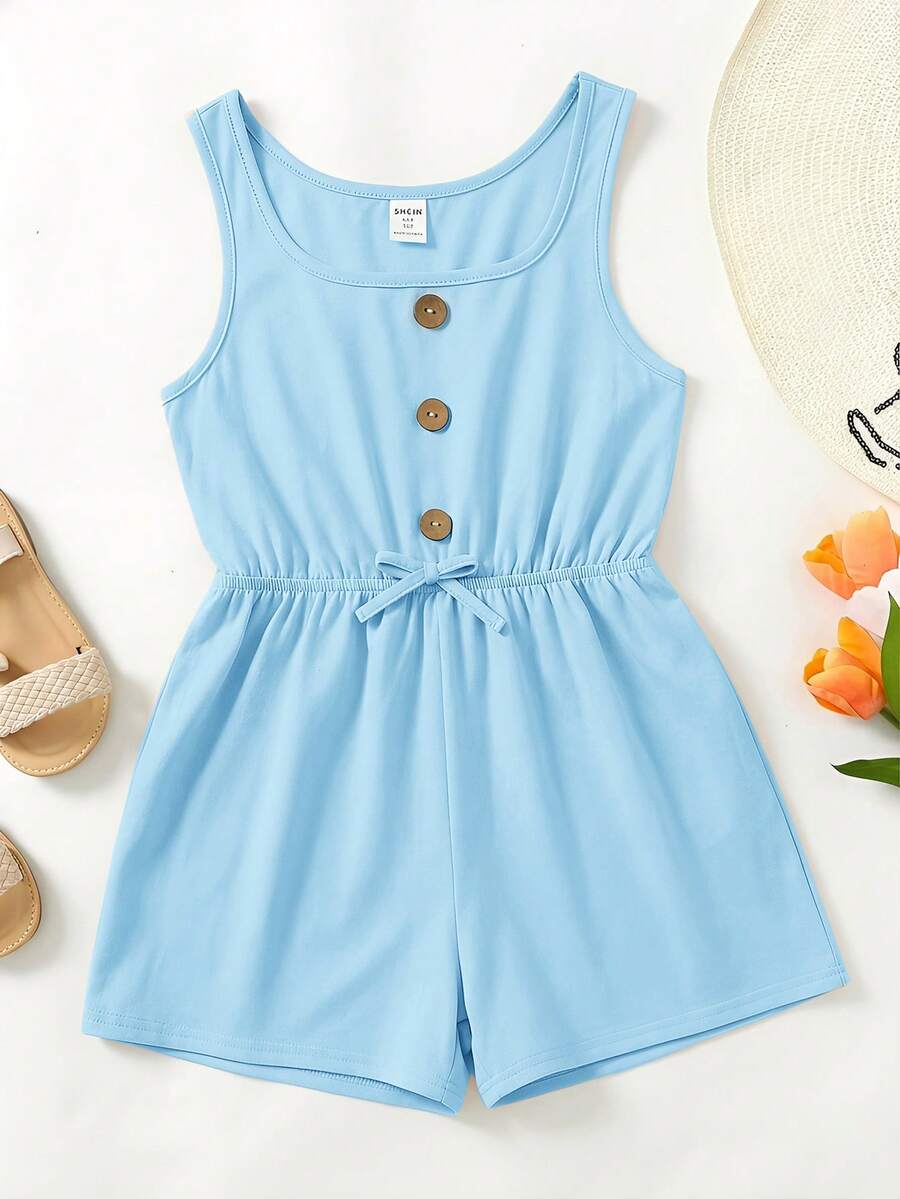 SHEIN Bộ áo liền quần rộng rãi, thoải mái cho bé gái tuổi teen, thích hợp cho kỳ nghỉ và đi biển. - Màu xanh lam - Xem 1