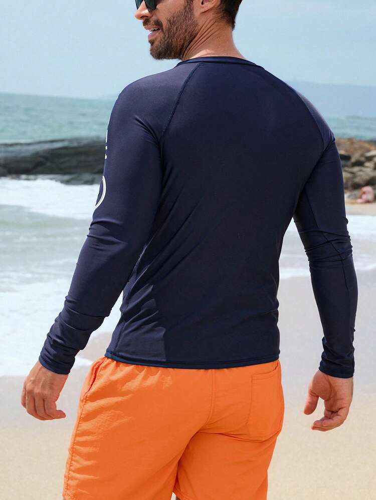 Men's Letter Print Half-Zip Rash Guard Long Sleeve Swimwear