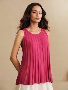 SHEIN Women's Loose Fit Solid Color Perforated Halter Neck Casual Sleeveless Knit Tank Top - Pink - View 6