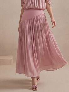 Anewsta Falda larga de cintura alta con pliegues, de tela brillante, estilo bohemio, versátil y casual para vacaciones - Rosa vieja - Ver 2