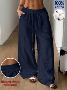 Coolane Trang phục mùa hè dành cho nữ, thích hợp đi xem hòa nhạc, đi biển, phong cách boho cơ bản tối giản, quần trắng 100% cotton đã giặt, ống quần cong. - Màu xanh hải quân - Xem 3