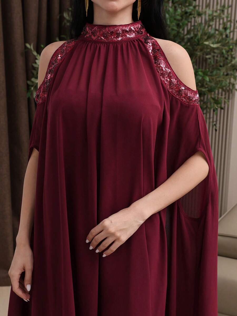 Modelyn 女士立领露肩亮片拼接褶皱休闲派对连衣裙 - 酒紅色 - 查看 1