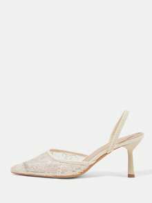 CUCCOO HITCHD Women's Embroidered Mesh Design Pointed Toe Asymmetric Heel High Heels, Romantic Elegant Stylish Mesh Pumps With Exposed Heel For Formal Occasions, Dates, Afternoon Tea, Weddings, Parties, Valentine's Day Spring Shoes - Beige 7 - View 2