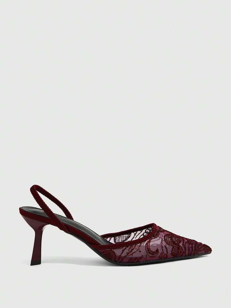 CUCCOO SZL Women's Embroidered Mesh Design Pointed Toe Asymmetric Heel High Heels, Romantic Elegant Stylish Mesh Pumps With Exposed Heel For Formal Occasions, Dates, Afternoon Tea, Weddings, Parties, Valentine's Day Spring Shoes