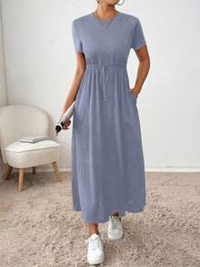 SHEIN Essnce Vestido casual de mujer de unicolor con cuello redondo, manga corta y lazo en la cintura - Neblina azul - Ver 4