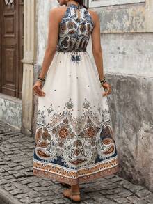 SHEIN Holidaya Đầm ngắn nữ mùa xuân/hè kiểu Bohemian retro in họa tiết Paisley, không tay, cổ đứng, eo thắt. - Màu xanh hải quân - Xem 2