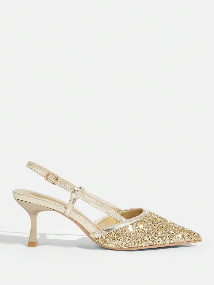 CUCCOO TILAWA Women's Shoes Pointed Gold Shiny Sexy Style Wear Back Strap Party Shoes Stiletto High Heel Sandals