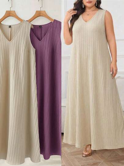 Modelyn 2 chiếc đầm nữ cỡ lớn mùa hè, kiểu dáng tối giản, màu trơn, chất liệu vải có họa tiết, cổ chữ V, không tay, dáng rộng, thích hợp cho đi nghỉ mát, đi làm hàng ngày.