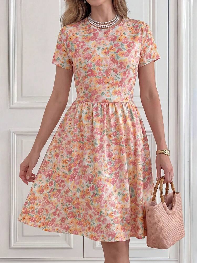 Ladies' Summer Round Neck Floral Print A-Line Short Elegant Dress Summer Dresses For Women Vacation Outfits Woman Country Concert Outfit Casual Dresses For Woman,Summer Dress,Festival Outfits For Women,Going Out Dress,Elegant Dresses For Women, Vacation Outfits Women,Vacation Dresses,Floral Dress