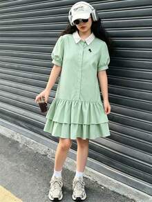 條紋短袖洋裝，適合青少年女孩，對比色荷葉領泡泡袖印花洋裝，適用於學校、戶外、購物 - 綠色 - 查看 3