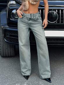 EURMUSE Low Waist Loose Straight Leg Jean Belt Detailed - Dusty Blue - View 4