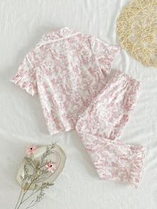 Young Girl' White Pink Line Rabbit Floral Pattern Ruffle Collar Short Sleeve Pants Casual Cute Comfortable 2 Pieces Pajama Set Sleep Summer - Red - View 2