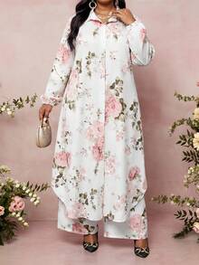 SHEIN Lady 大码女式印花单排扣长款上衣和裤子休闲两件套 - 彩色 - 查看 6