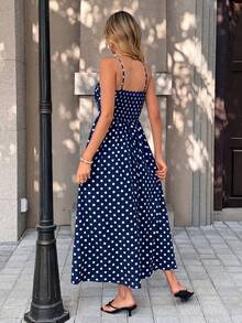 SHEIN PariChic Vestido casual de estilo francés con estampado de lunares para vacaciones, con tirantes de espagueti, para primavera/verano - Azul - Ver 2