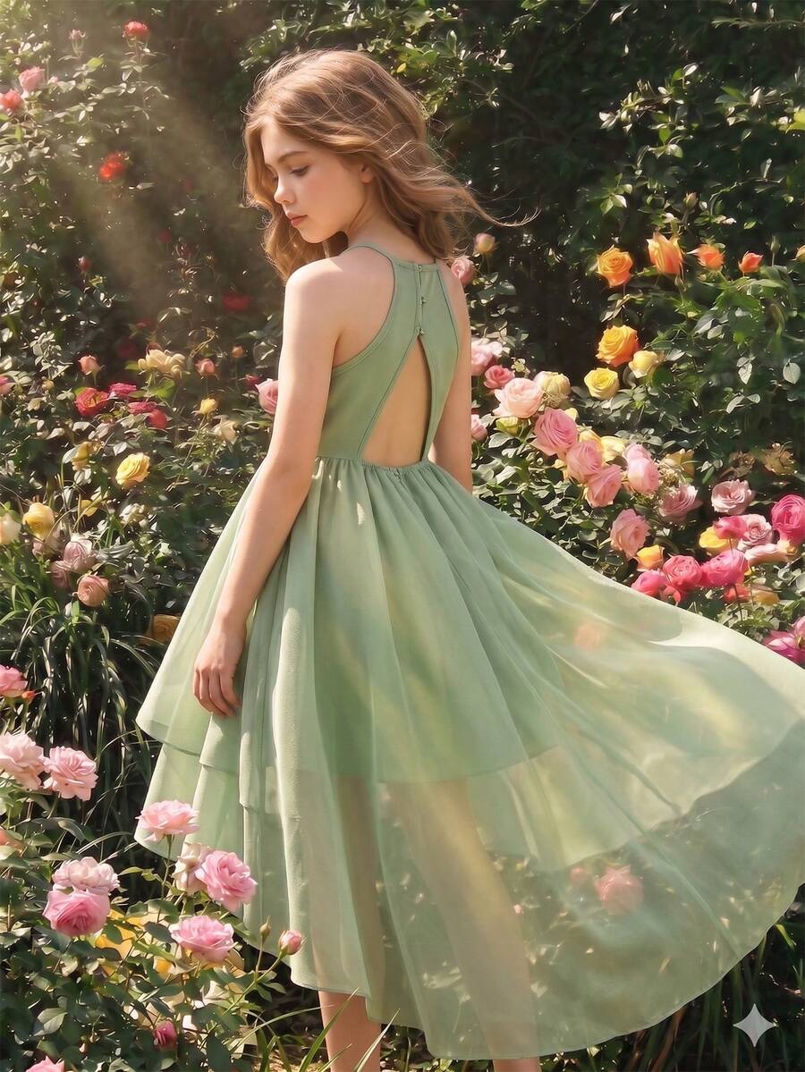 Đầm không tay màu xanh lá cây cho bé gái, đầm dự tiệc không tay màu xanh lá cây mùa xuân/hè cho bé gái, thanh lịch và duyên dáng, phù hợp cho đám cưới, tiệc tùng, họp mặt và các dịp khác, đầm công chúa. - màu xanh lá - Xem 1