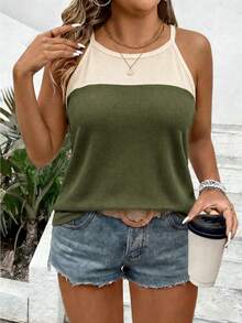 EMERY ROSE Nueva llegada Camiseta de tirantes con cuello halter de color contrastante y versátil para mujer de talla grande - Multicolor - Ver 4