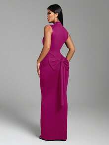 Zolique Vestido largo y sexy con cuello alto y lazo delantero para mujer - Rosa Fucsia - Ver 2