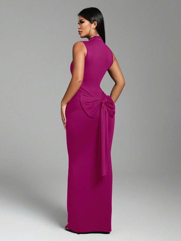 Zolique Vestido largo y sexy con cuello alto y lazo delantero para mujer - Rosa Fucsia - Añade 2