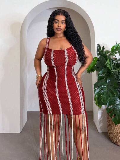 Veslaya Vestido de tirantes con flecos a rayas para mujer talla grande, ideal para festivales de música y playa en primavera/verano 2026