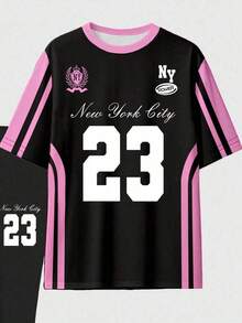 Maweii 女士休闲时尚创意23号及标语印花短袖上衣和紧身打底裤两件套，街头运动风 - 彩色 - 查看 3