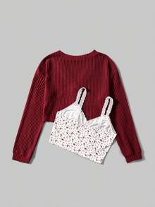 ROMWE Kawaii Women's Solid Color Drop Shoulder Long Sleeve Jacket And Ditsy Floral Camisole Top Set, Spring/Autumn, School - Burgundy - View 2