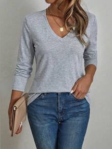 EMERY ROSE Áo thun nữ dài tay cổ chữ V tối giản, chất liệu cotton, thích hợp cho mùa thu/đông. - Màu Xám nhạt - Xem 3