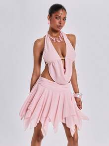 ROMWE Bộ đồ 2 mảnh phong cách Y2K gợi cảm gồm áo crop top hở lưng và chân váy mini xếp ly không đều, thích hợp cho kỳ nghỉ, đi biển, hẹn hò, lễ hội âm nhạc, tiệc tùng và mặc hàng ngày. - Hồng - Xem 7