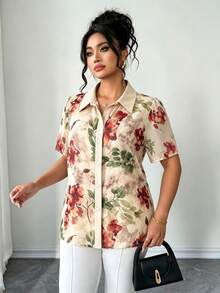 SHEIN Clasi Plus Size Women's Elegant Solid Color Patchwork Collar Short Sleeve Loose Versatile Chiffon Floral Print Casual Holiday Blouse Tea Party Beige Summer - Apricot - View 5