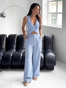 SHEIN EZwear Bộ áo vest và quần dài đơn cài khuy dành cho nữ, màu trơn, xanh dương, thích hợp cho mùa xuân/hè. - Màu xanh lam - Xem 5