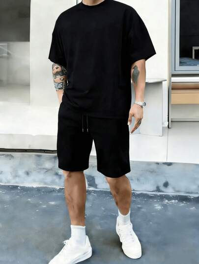 HSHCJ Conjunto deportivo casual de verano para hombre, 2 piezas, camiseta holgada de hombros caídos y pantalones cortos deportivos casuales, la opción ideal para ropa casual de calle, fitness al aire l