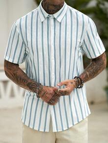 Manfinity CasualCool Camisa casual de manga corta de una sola hilera con rayas para hombre - Blanco - Ver 6