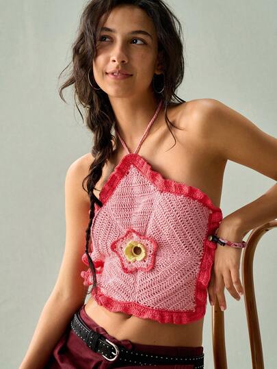 SHEIN Áo dệt kim cổ yếm móc họa tiết hoa 3D dành cho nữ